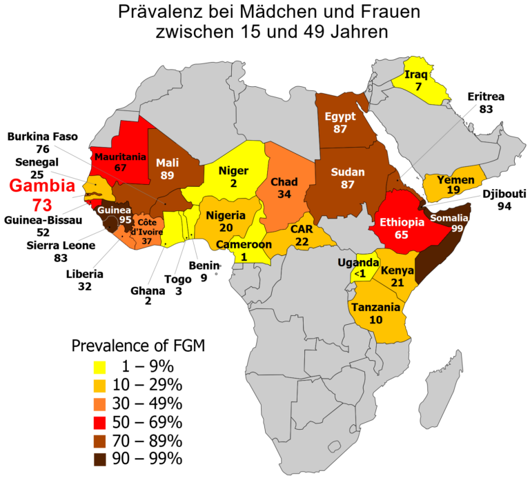Afrikakarte mit FGM-Prävalenz. Gambia ist rot markiert.